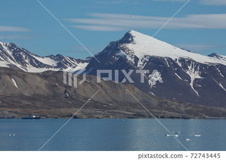 Mountains, glaciers and coastline landscape close to a village called Ny-Alesund located at 79 degree North on Spitsbergen 72743445