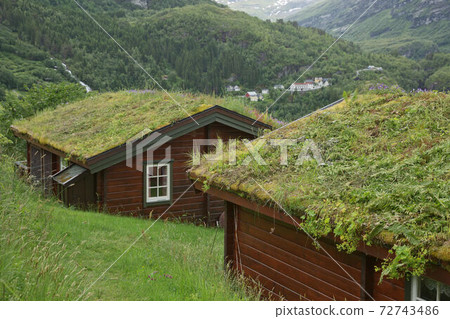 Typical old wood house with grassroof in the fjords of Geiranger in Norway 72743486