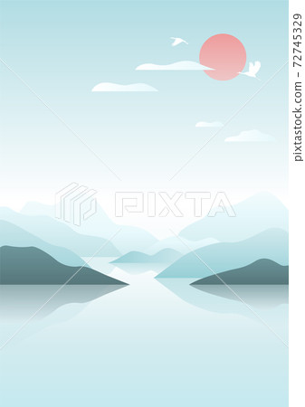 Landscape vector illustration with lake and sun 72745329