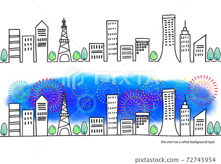 Handwritten line art set of cityscape and fireworks Handwritten line art set of cityscape and fireworks 72745954