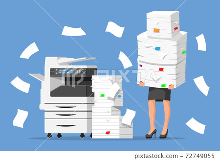 Stressed businesswoman in pile of office documents Stressed businesswoman in pile of office documents 72749055