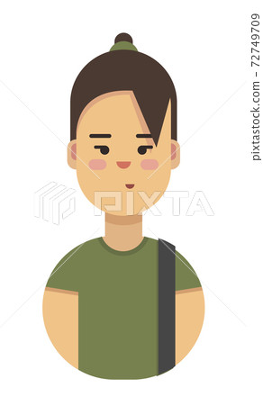Flat vector illustration of teenager, woman, student in green cloth with a bag. Full face. Female. Flat vector illustration of teenager, woman, student in green cloth with a bag. Full face. Female. 72749709