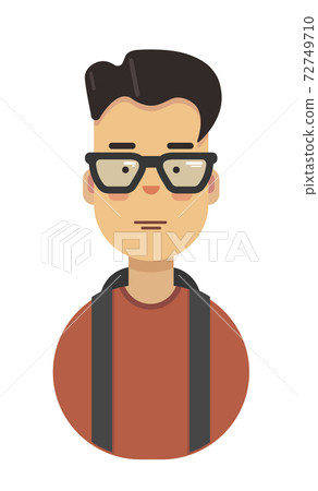 Flat vector illustration of teenager, man, student in red cloth with backpack. Full face. Male. Flat vector illustration of teenager, man, student in red cloth with backpack. Full face. Male. 72749710