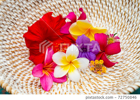 Tropical flowers in a natural basket 72750846