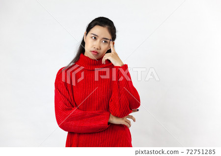 Cute female portrait, youthful, thoughtful person, choice, decide, problem solving, problem, wear Red winter coat isolated on white background 72751285