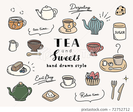 Set of hand-drawn illustrations of tea time / tea / tea cup / teapot / cafe / sweets / dessert 72752712