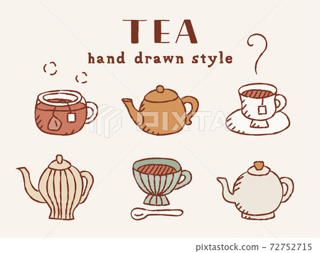 Set of hand-drawn illustrations of tea cup and teapot / tea / fashionable / tea time / coffee / cafe 72752715
