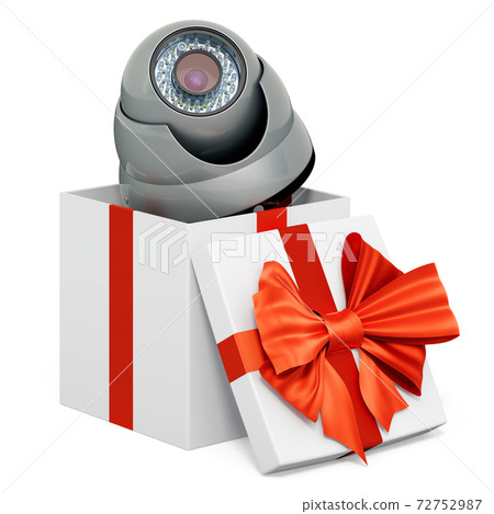 Dome security camera inside gift box, present concept. 3D rendering Dome security camera inside gift box, present concept. 3D rendering 72752987