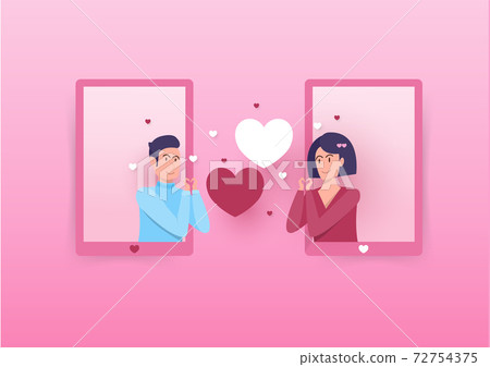 Man and woman Heart sign hands togrther on mobile. Valentines day. Vector flat illustration. Banner 72754375