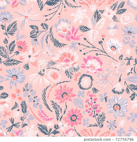 Cartoon botanical seamless pattern. Fun abstractive plants ornament. Graphic pencil line sketch drawing. Flowers, herbs and leaves. Summer fashion design for textile, fabric, clothes and wrapping. Cartoon botanical seamless pattern. Fun abstractive plants ornament. Graphic pencil line sketch drawing. Flowers, herbs and leaves. Summer fashion design for textile, fabric, clothes and wrapping. 72756796