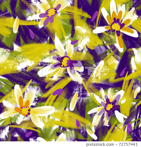 Expressive abstract floral seamless pattern with large daisy buds. Brush strokes oil painting. Hand drawn meadow flowers with lush foliage. Botanical illustration for fashion design, textile, fabric. Expressive abstract floral seamless pattern with large daisy buds. Brush strokes oil painting. Hand drawn meadow flowers with lush foliage. Botanical illustration for fashion design, textile, fabric. 72757441