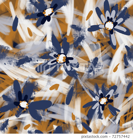 Expressive abstract floral seamless pattern with large daisy buds. Brush strokes oil painting. Hand drawn meadow flowers with lush foliage. Botanical illustration for fashion design, textile, fabric. 72757442