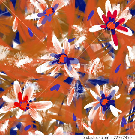Expressive abstract floral seamless pattern with large daisy buds. Brush strokes oil painting. Hand drawn meadow flowers with lush foliage. Botanical illustration for fashion design, textile, fabric. Expressive abstract floral seamless pattern with large daisy buds. Brush strokes oil painting. Hand drawn meadow flowers with lush foliage. Botanical illustration for fashion design, textile, fabric. 72757450