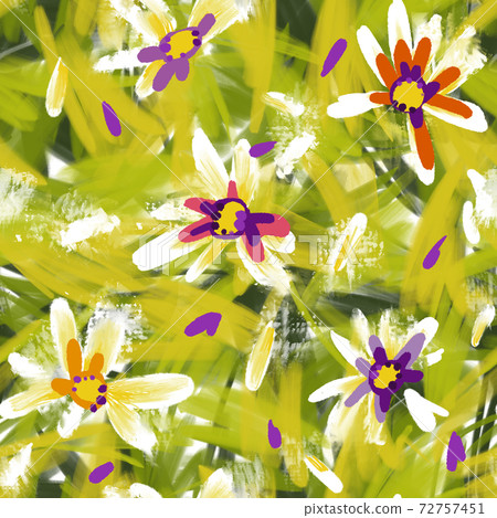 Expressive abstract floral seamless pattern with large daisy buds. Brush strokes oil painting. Hand drawn meadow flowers with lush foliage. Botanical illustration for fashion design, textile, fabric. Expressive abstract floral seamless pattern with large daisy buds. Brush strokes oil painting. Hand drawn meadow flowers with lush foliage. Botanical illustration for fashion design, textile, fabric. 72757451