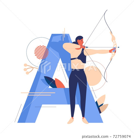 Creative sport letter A and woman with bow shooting during archery training. Concept young character in blue and orange Creative sport letter A and woman with bow shooting during archery training. Concept young character in blue and orange 72759074