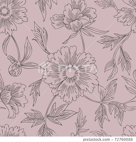 Hand drawn abstract garden flowers. Contour drawing. Large daisy heads in bloom. Summer floral seamless pattern. Line art flowers. Detailed outline sketch drawing. Fashion design, vintage style. 72760088