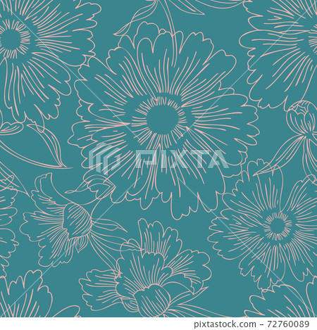 Hand drawn abstract garden flowers. Contour drawing. Large daisy heads in bloom. Summer floral seamless pattern. Line art flowers. Detailed outline sketch drawing. Fashion design, vintage style. 72760089