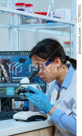 Scientist team analysing results using microscope Scientist team analysing results using microscope 72760501
