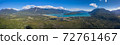 PANORAMIC Aerial of Rio Negro village, Llancahue, Hornopiren at Austral, Route 7, Chile, South America.. 72761467
