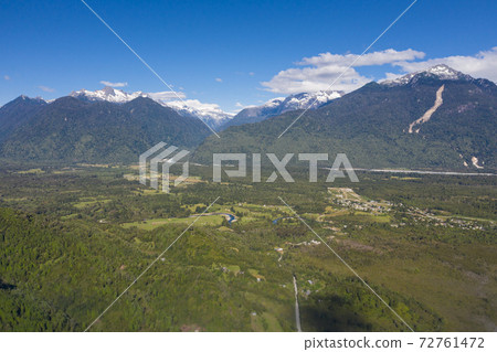 Aerial of Rio Negro village, Llancahue, Hornopiren at Austral, Route 7, Chile, South America. Aerial of Rio Negro village, Llancahue, Hornopiren at Austral, Route 7, Chile, South America. 72761472