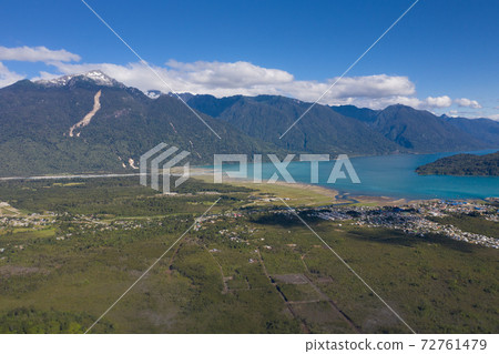 Aerial of Rio Negro village, Llancahue, Hornopiren at Austral, Route 7, Chile, South America. Aerial of Rio Negro village, Llancahue, Hornopiren at Austral, Route 7, Chile, South America. 72761479