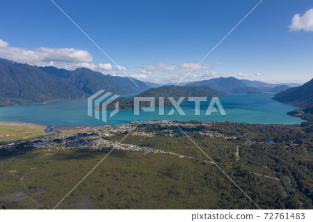 Aerial of Rio Negro village, Llancahue, Hornopiren at Austral, Route 7, Chile, South America. Aerial of Rio Negro village, Llancahue, Hornopiren at Austral, Route 7, Chile, South America. 72761483