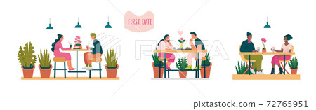 Bright couples at first date in coffee shop or restraunt. Bright couples at first date in coffee shop or restraunt. 72765951