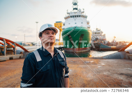 Marine Deck Officer or Chief mate on deck of offshore vessel or ship 72766346
