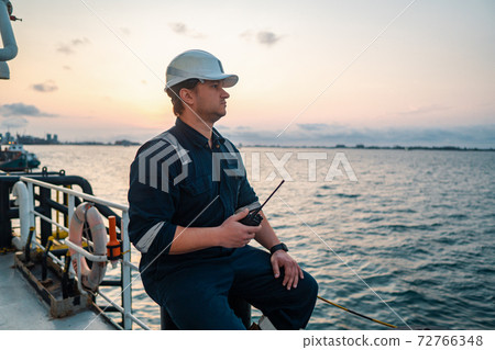 Marine Deck Officer or Chief mate on deck of offshore vessel or ship 72766348