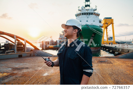 Marine Deck Officer or Chief mate on deck of offshore vessel or ship 72766357
