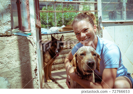 young woman with dogs in a greenhouse on the farm young woman with dogs in a greenhouse on the farm 72766653