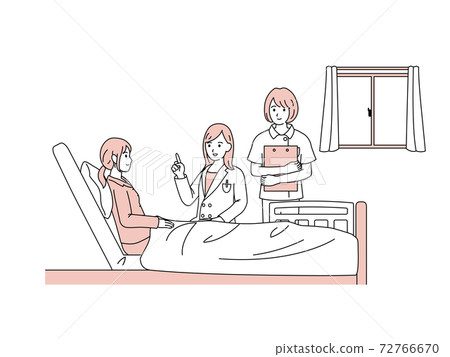Hospitalized female patient explaining doctor Hospitalized female patient explaining doctor 72766670