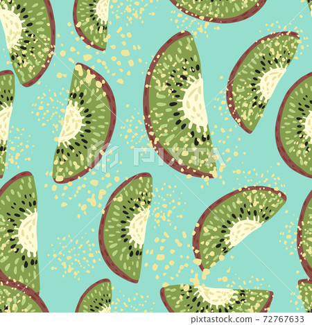 Random seamless pattern with green creative kiwi ornament. Blue background with splashes. 72767633