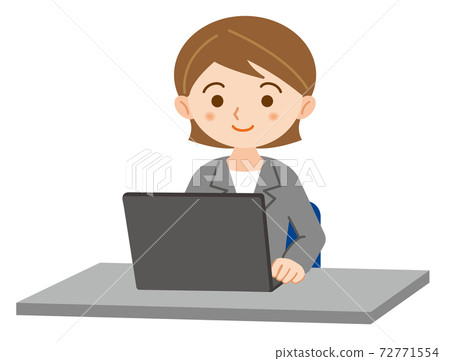 Illustration of a young woman in a suit working on a laptop / white background 72771554