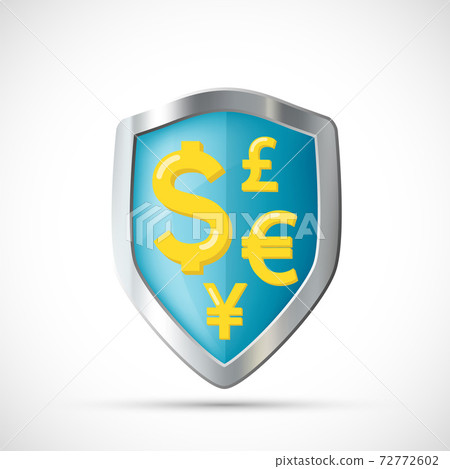 Currency symbols on the shield. Vector icon 72772602