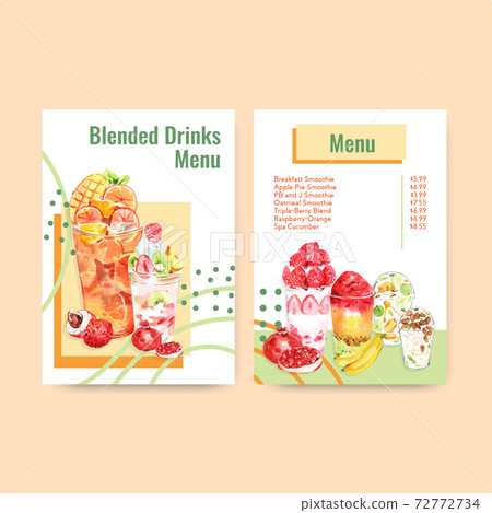 Menu template with fruits smoothies concept design for bistro and restaurant watercolor vector illustration Menu template with fruits smoothies concept design for bistro and restaurant watercolor vector illustration 72772734