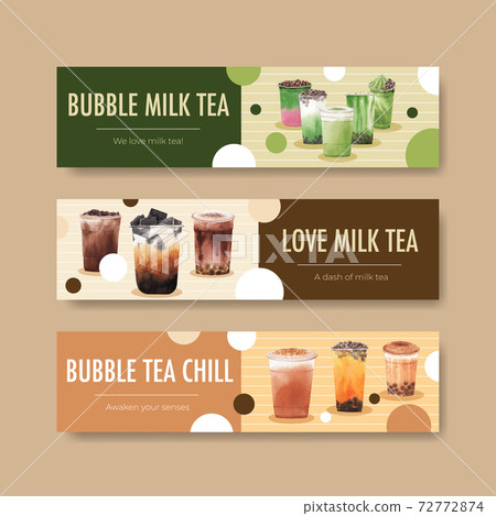 Banner template with bubble milk tea concept design for advertise and commercial watercolor vector illustration 72772874