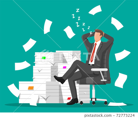 Business man character sleep in bunch of papers. Business man character sleep in bunch of papers. 72773224