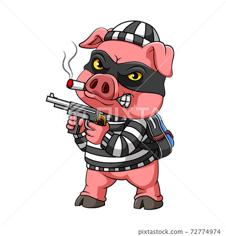 The mugger pig with cigarette on its mouth is holding a gun 72774974
