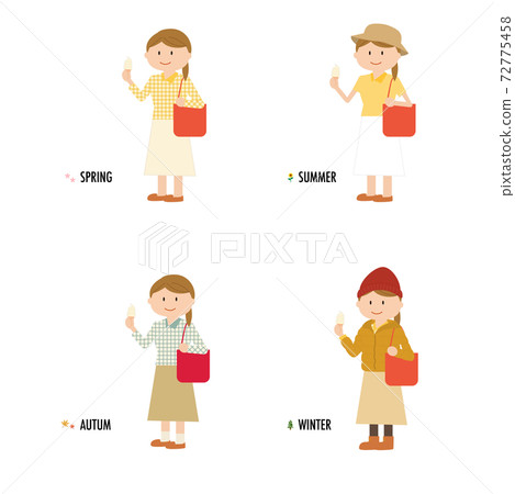 Spring, summer, autumn and winter eating ice cream, a set of fashion women that suits the season Spring, summer, autumn and winter eating ice cream, a set of fashion women that suits the season 72775458
