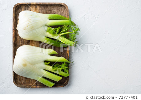 Fennel bulb, on white textured background, flat lay with space for text Fennel bulb, on white textured background, flat lay with space for text 72777401