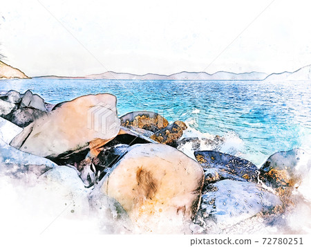 Abstract colorful mountain peak and tree landscape on watercolor illustration painting background. Abstract colorful mountain peak and tree landscape on watercolor illustration painting background. 72780251