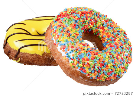 Two donut in a multicolored confectionery dressing isolated 72783297