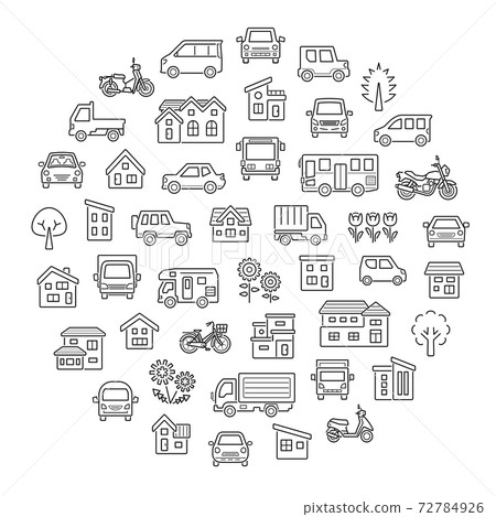 Circle gallery of houses, cars, motorcycles and plants (only lines with gaps) Circle gallery of houses, cars, motorcycles and plants (only lines with gaps) 72784926
