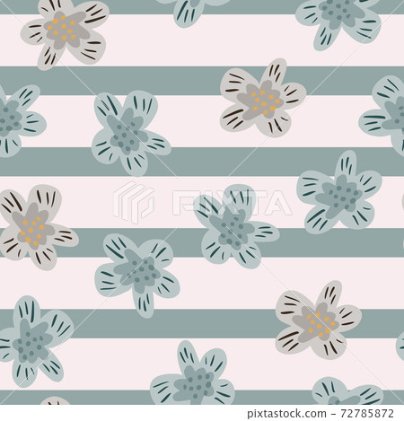 Random seamless nature pattern with simple flower elements in blue and beige colors on striped background. Random seamless nature pattern with simple flower elements in blue and beige colors on striped background. 72785872