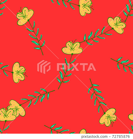 Contrast bright seamless random pattern with yellow wildflowers. Red background. Contrast bright seamless random pattern with yellow wildflowers. Red background. 72785876