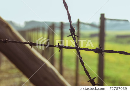 Close up steel fencing Barbed wire in German concentration and extermination camp Majdanek. Lublin, Poland Close up steel fencing Barbed wire in German concentration and extermination camp Majdanek. Lublin, Poland 72787089