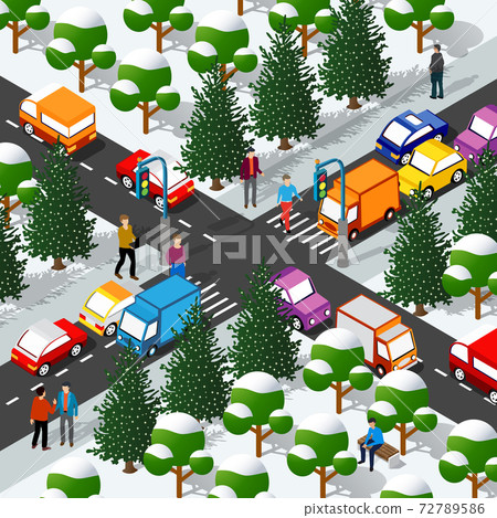 Isometric 3D winter Christmas illustration of the city quarter 72789586