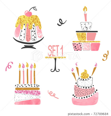 Set of watercolor Birthday cakes 72789684