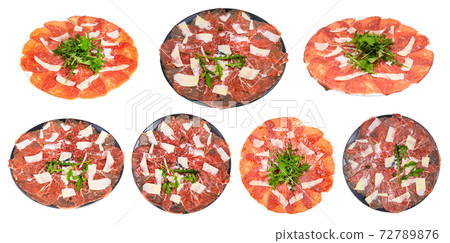 collection of served Carpaccio on plate isolated collection of served Carpaccio on plate isolated 72789876